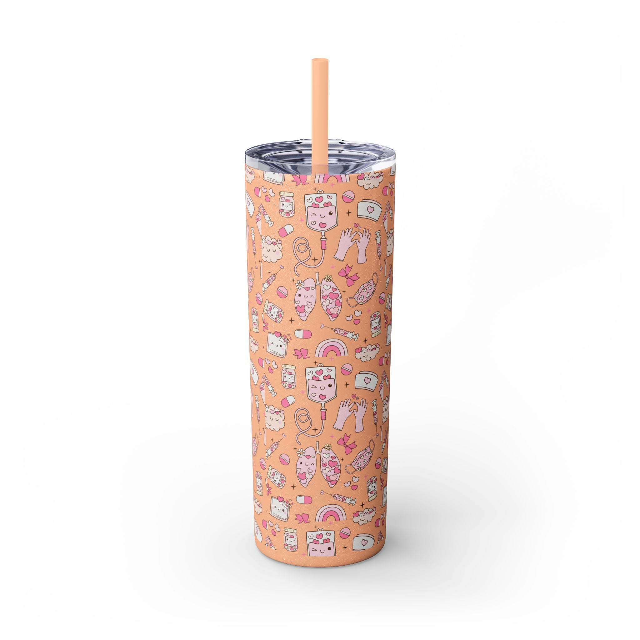 20oz Skinny Tumbler with Straw — Cute Pink Kawaii Food & Snack Pattern