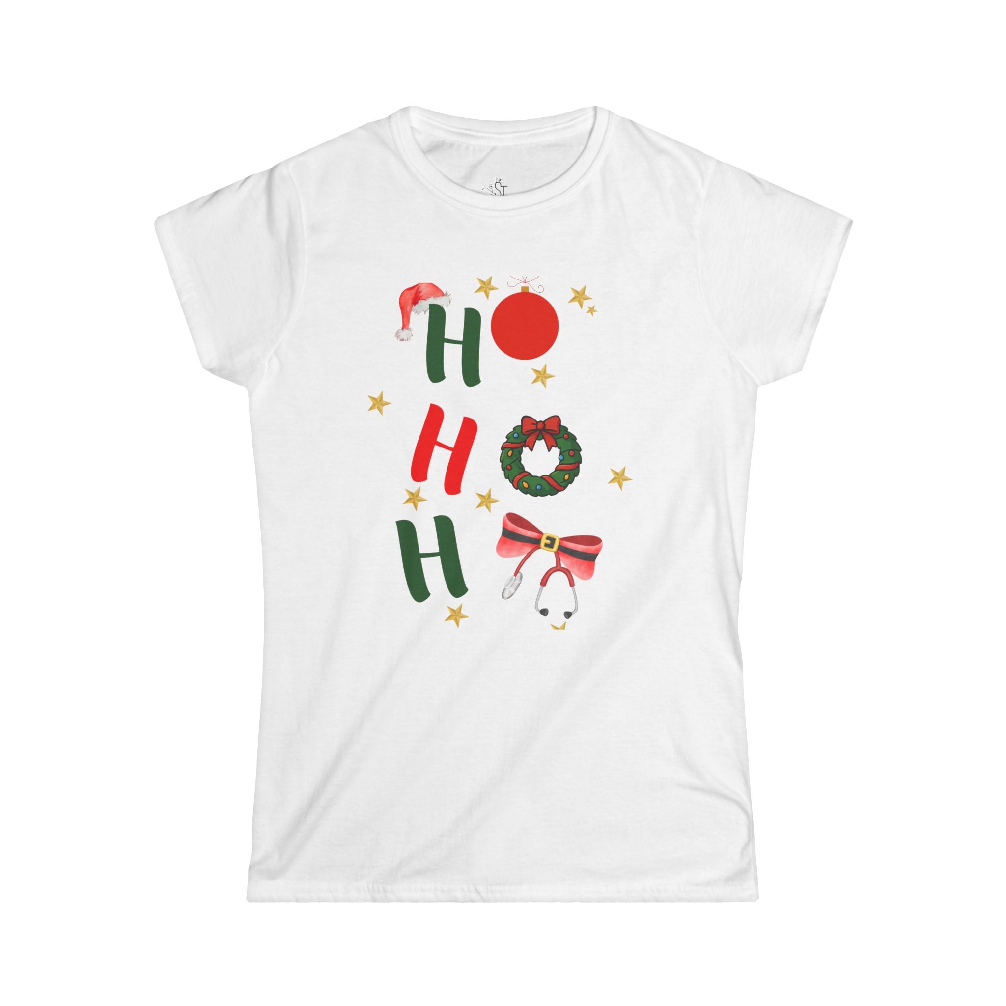 Christmas 'HO HO HO' Women's Tee – Festive Wreath & Bells Holiday Shirt