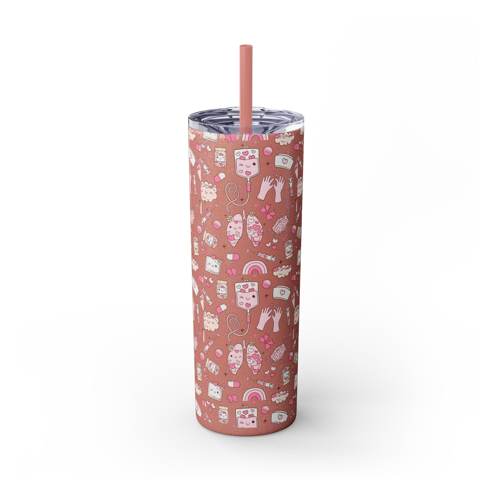 20oz Skinny Tumbler with Straw — Cute Pink Kawaii Food & Snack Pattern