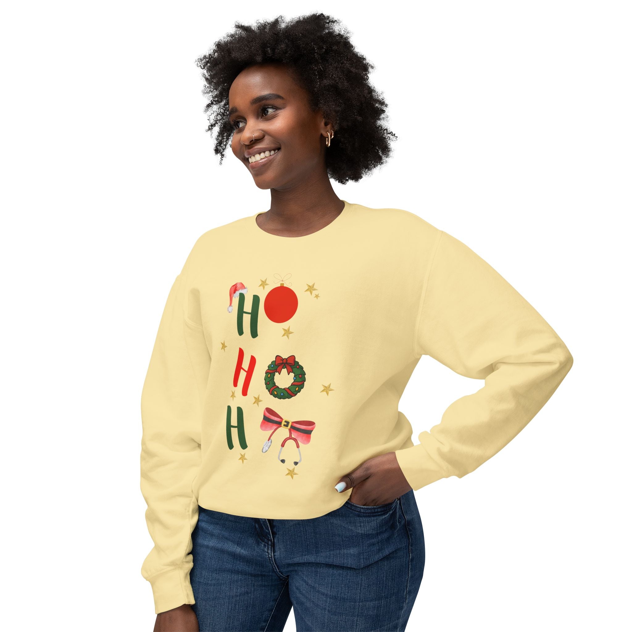Ho Ho Ho Christmas Sweatshirt — Festive Holiday Crewneck with Wreath & Bow
