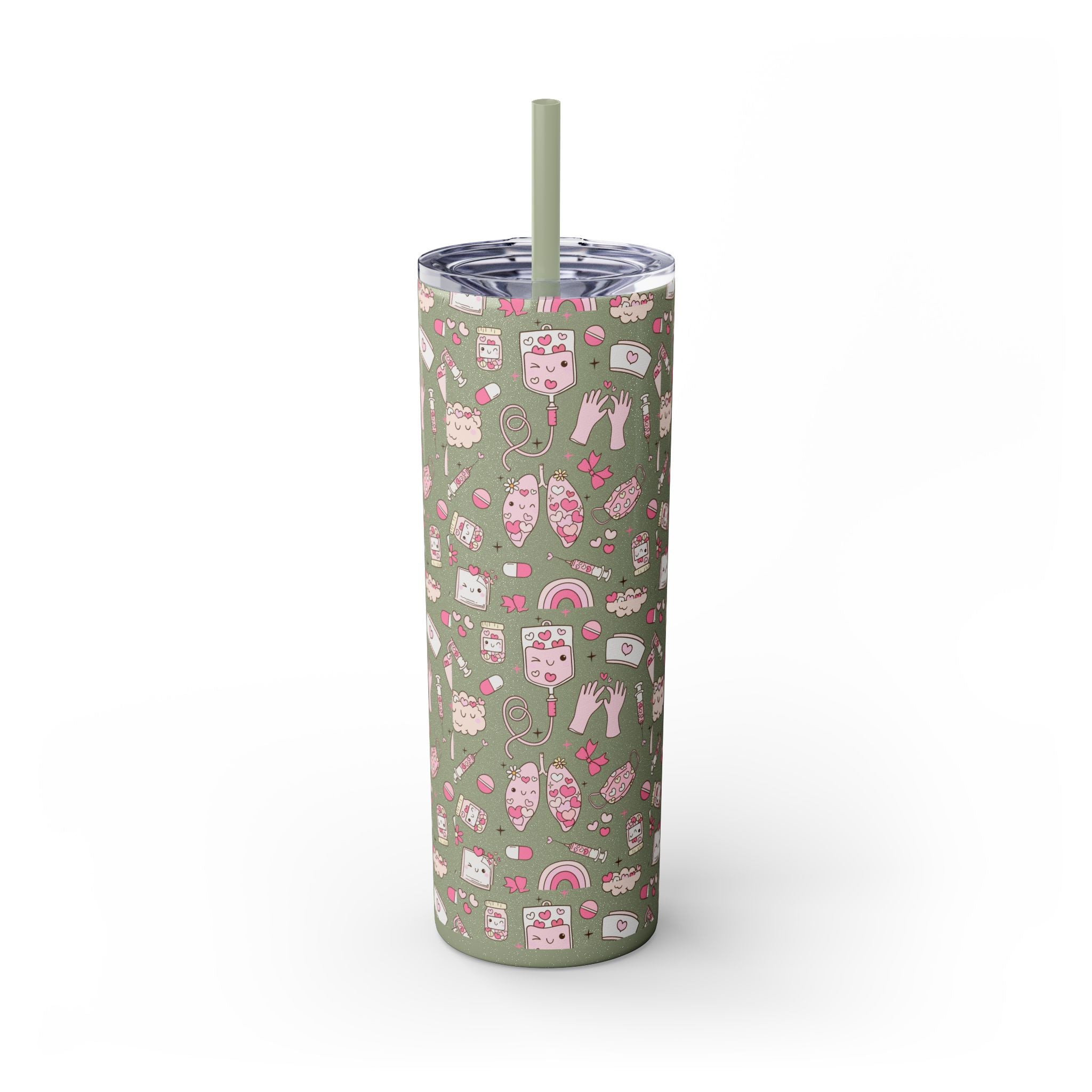 20oz Skinny Tumbler with Straw — Cute Pink Kawaii Food & Snack Pattern
