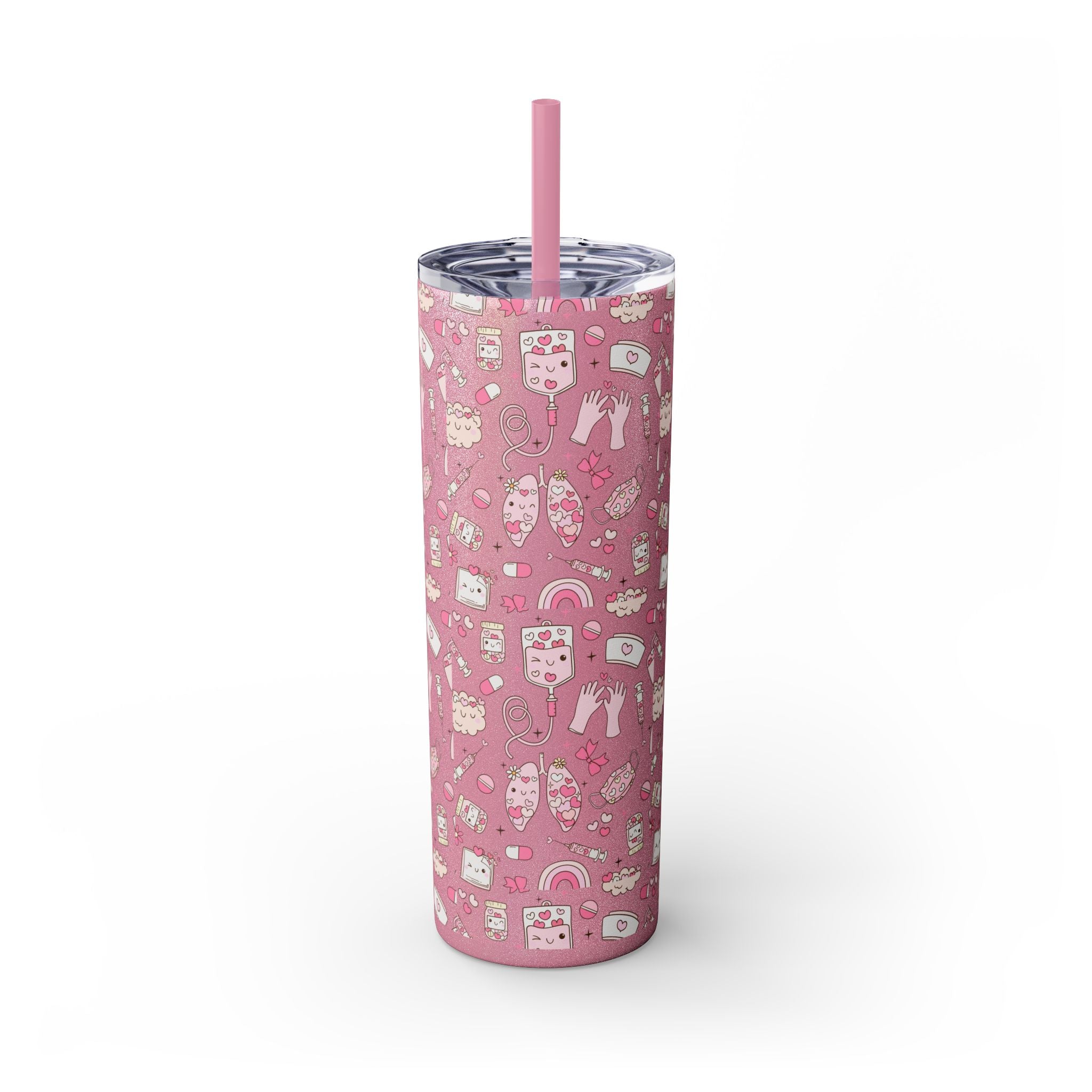 20oz Skinny Tumbler with Straw — Cute Pink Kawaii Food & Snack Pattern