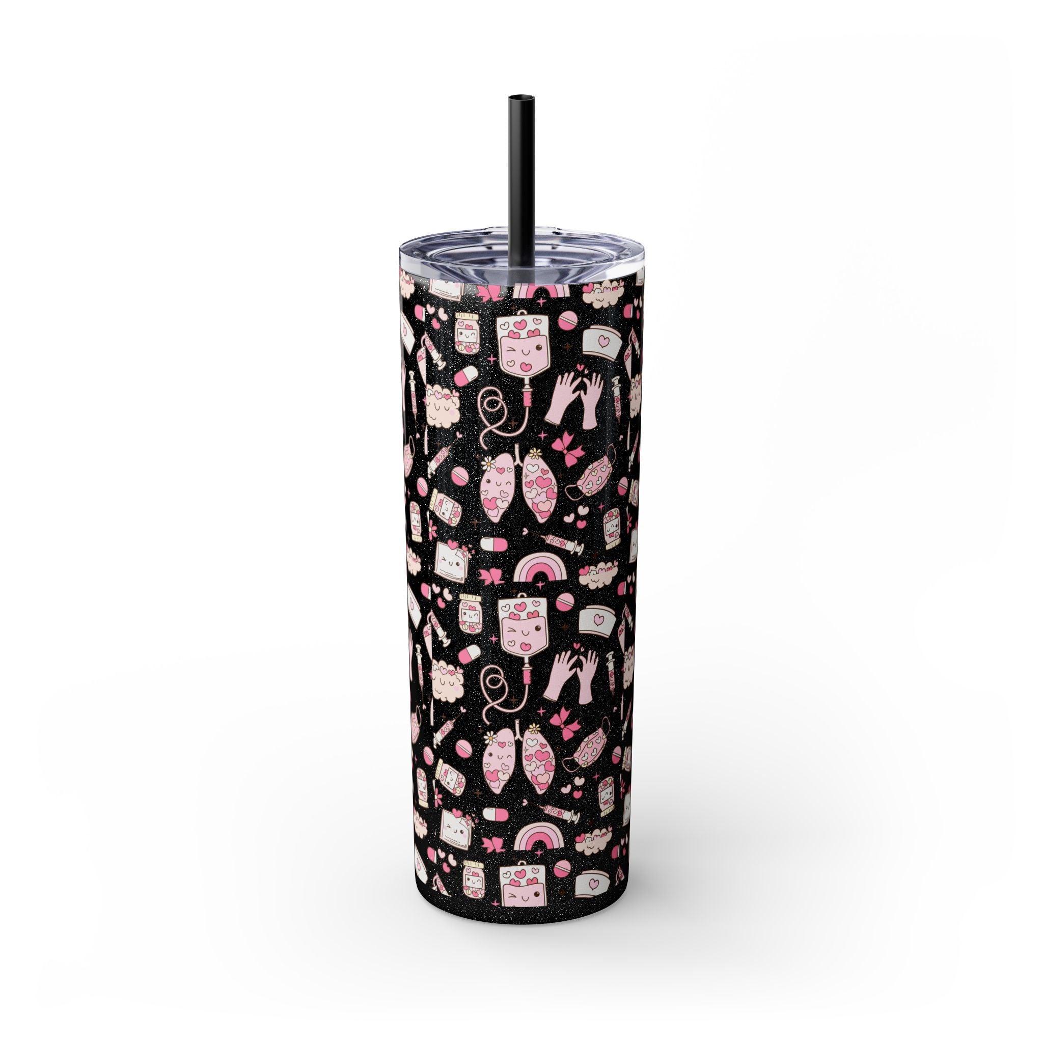 20oz Skinny Tumbler with Straw — Cute Pink Kawaii Food & Snack Pattern