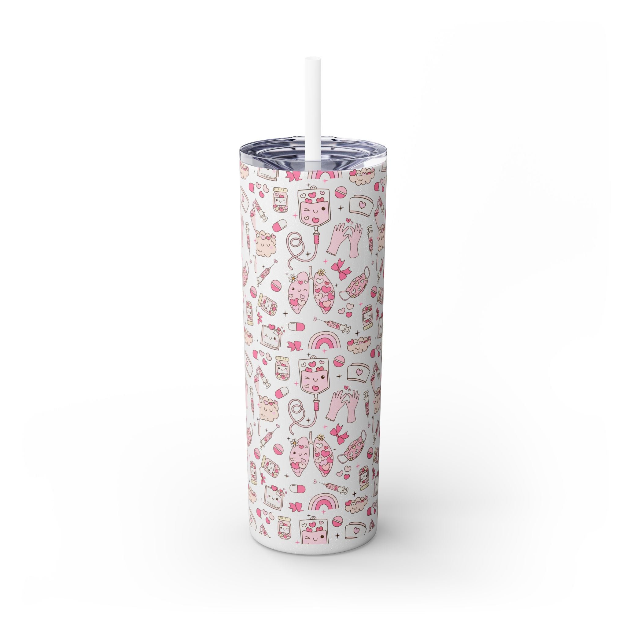 20oz Skinny Tumbler with Straw — Cute Pink Kawaii Food & Snack Pattern