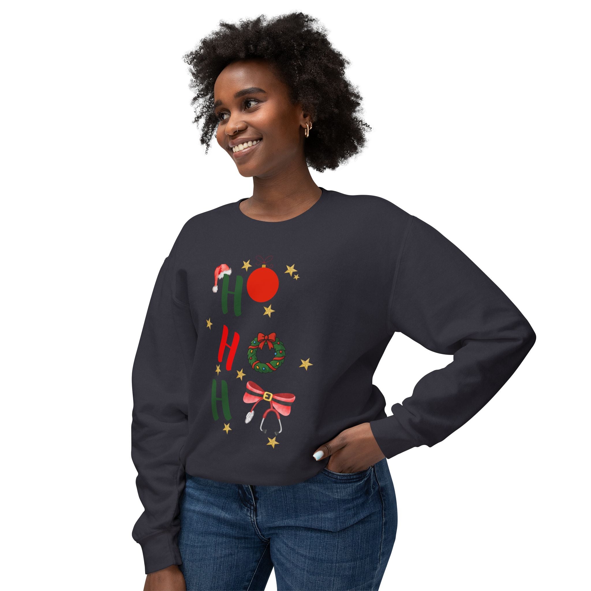 Ho Ho Ho Christmas Sweatshirt — Festive Holiday Crewneck with Wreath & Bow