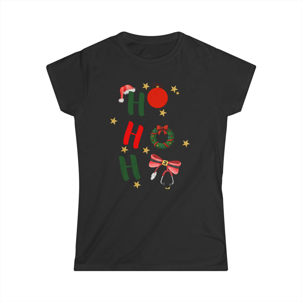 Christmas 'HO HO HO' Women's Tee – Festive Wreath & Bells Holiday Shirt
