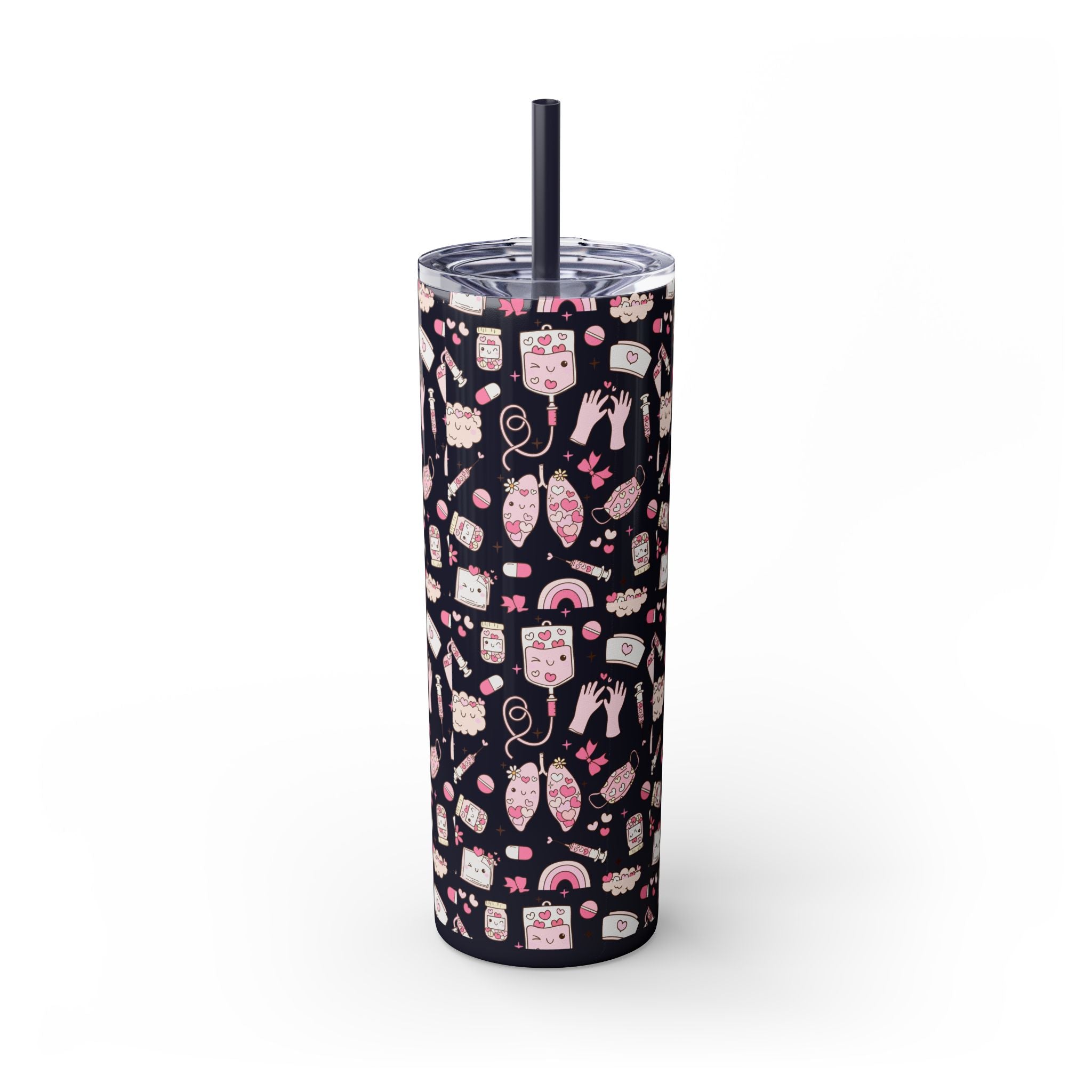 20oz Skinny Tumbler with Straw — Cute Pink Kawaii Food & Snack Pattern