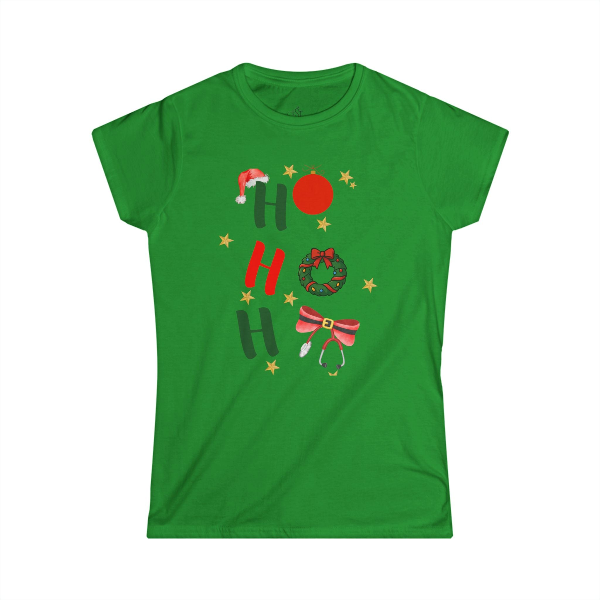Christmas 'HO HO HO' Women's Tee – Festive Wreath & Bells Holiday Shirt