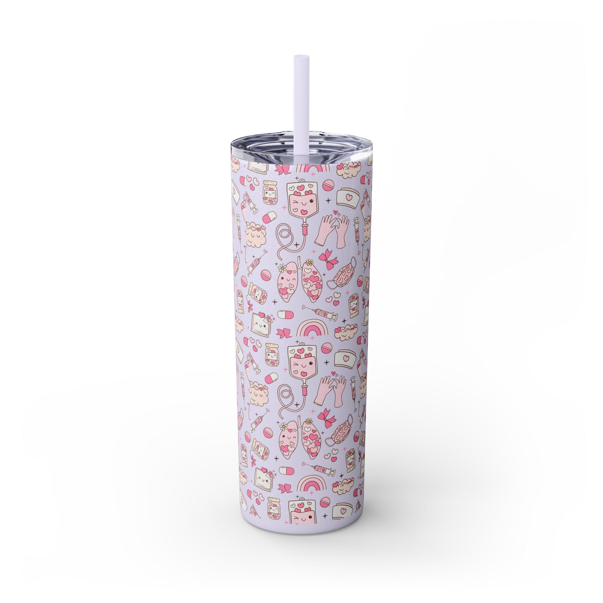 20oz Skinny Tumbler with Straw — Cute Pink Kawaii Food & Snack Pattern